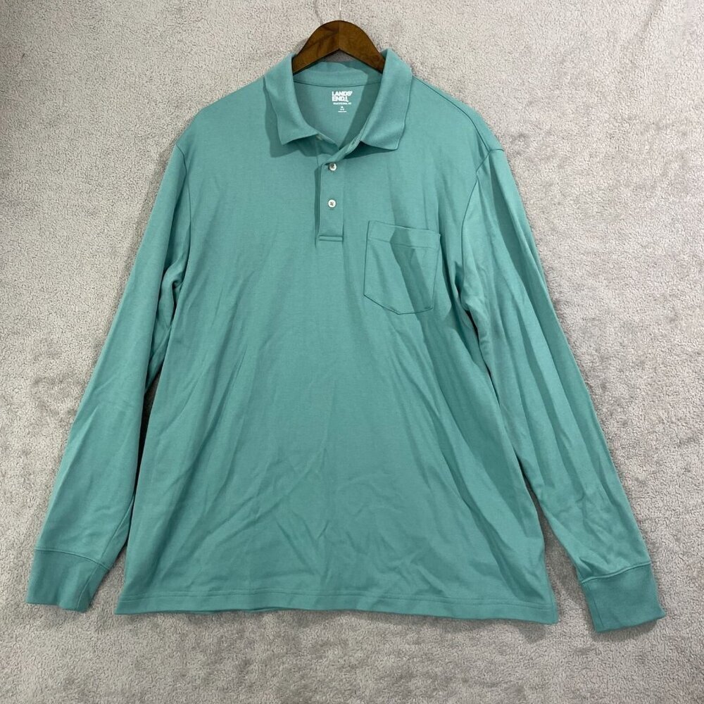 NWOT Lands' End Men's XL Traditional Fit Long-Sleeve Polo Shirt Teal Cotton - Picture 2 of 8